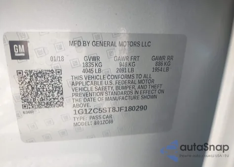 2018 Chevrolet Malibu 1Fl z USA, uszkodzony, nr VIN 1G1ZC5ST8JF180290